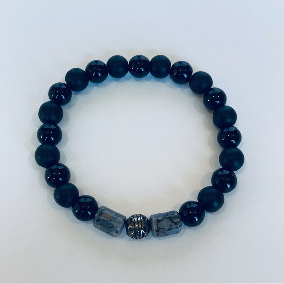 Onyx, Obsidian, & Dinosaur Bone Bracelet 6.5"